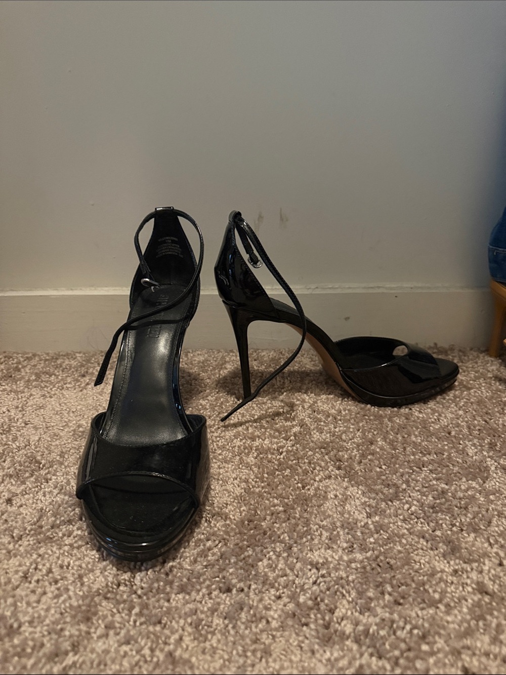 Steve Madden-Wiley-Black Patent Open-Toe Ankle-Tie Stilettos
